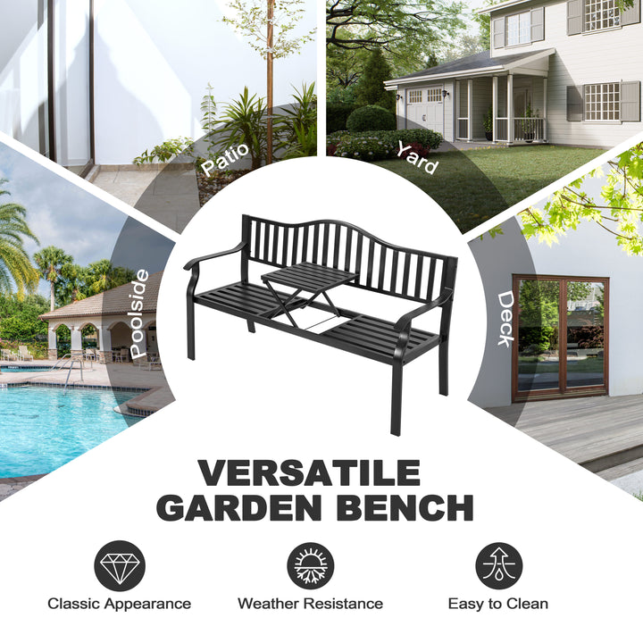 E-Coated Metal Frame Outdoor Bench with Backrest and a Built-In Small Table