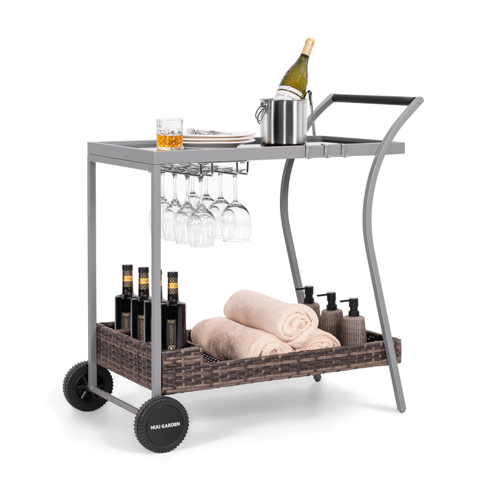 Outdoor 2-Tier Wicker Bar Cart on Wheels with Tempered Glass Board