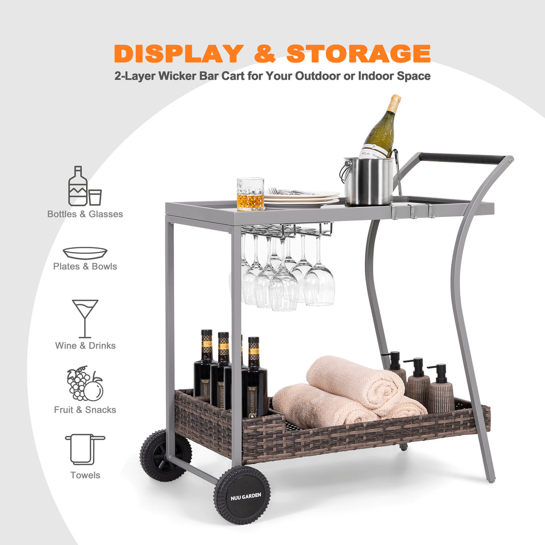 Outdoor 2-Tier Wicker Bar Cart on Wheels with Tempered Glass Board
