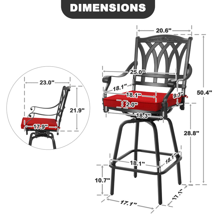 E-Coated Cast Aluminum 2PCS Patio Swivel Bar Stool Set with Olefin Cushions