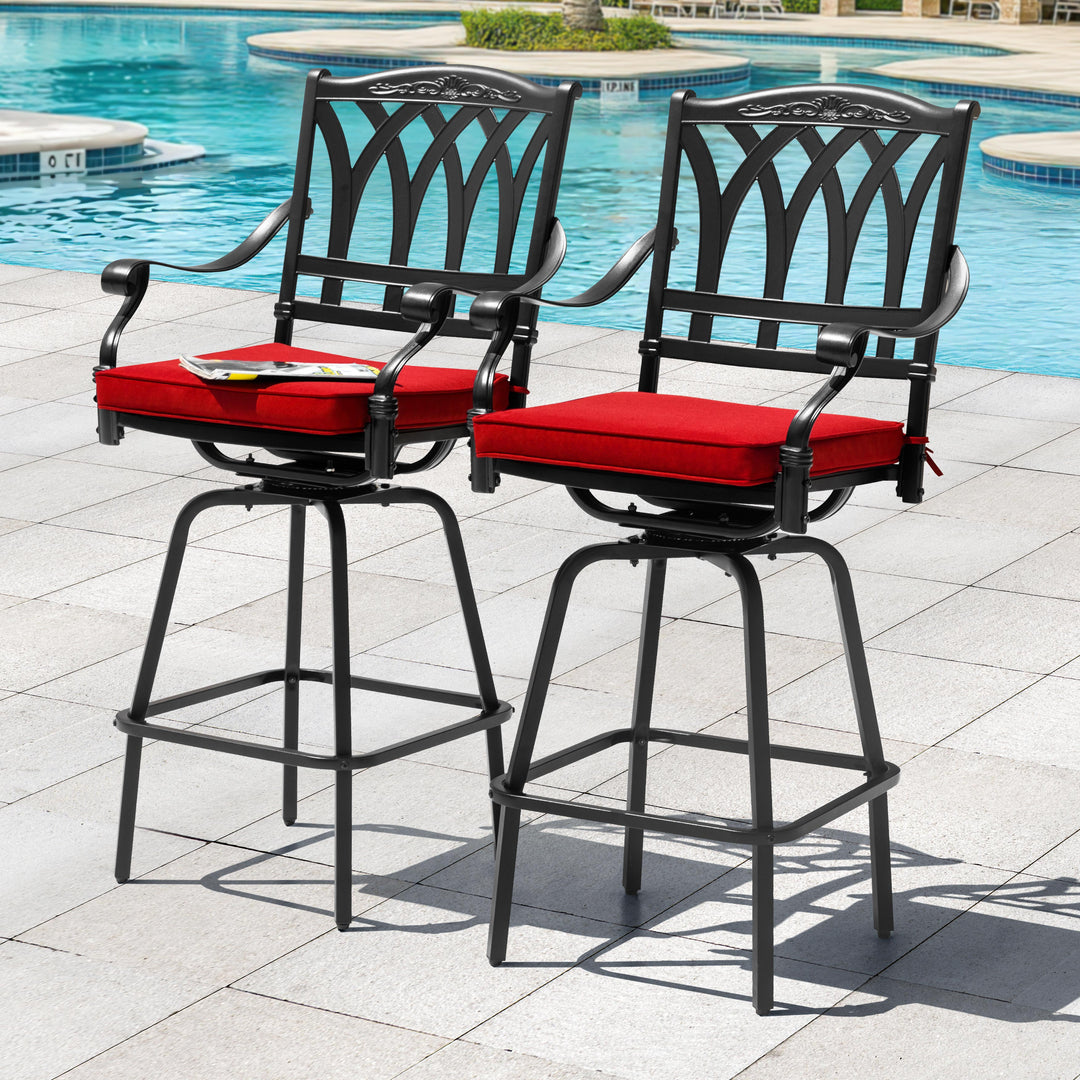 E-Coated Cast Aluminum 2PCS Patio Swivel Bar Stool Set with Olefin Cushions