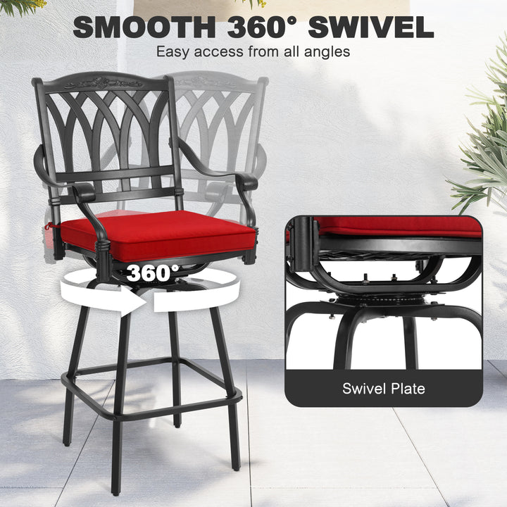 E-Coated Cast Aluminum 2PCS Patio Swivel Bar Stool Set with Olefin Cushions