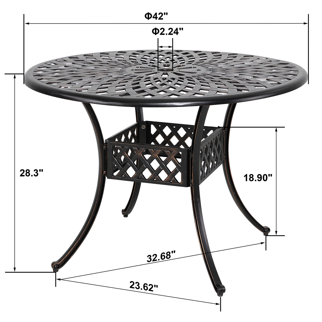 Outdoor 42'' Round Dining Table with 2.24'' Umbrella Hole, Cast Aluminum Tabletop, for Patio, Garden, Backyard and Balcony, Black with Gold-painted Edge