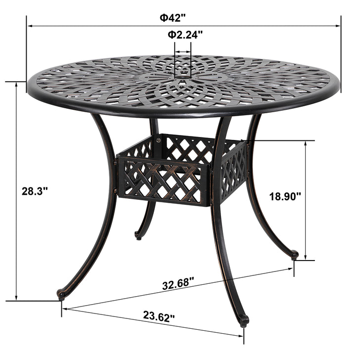 Outdoor 42'' Round Dining Table with 2.24'' Umbrella Hole, Cast Aluminum Tabletop, for Patio, Garden, Backyard and Balcony, Black with Gold-painted Edge