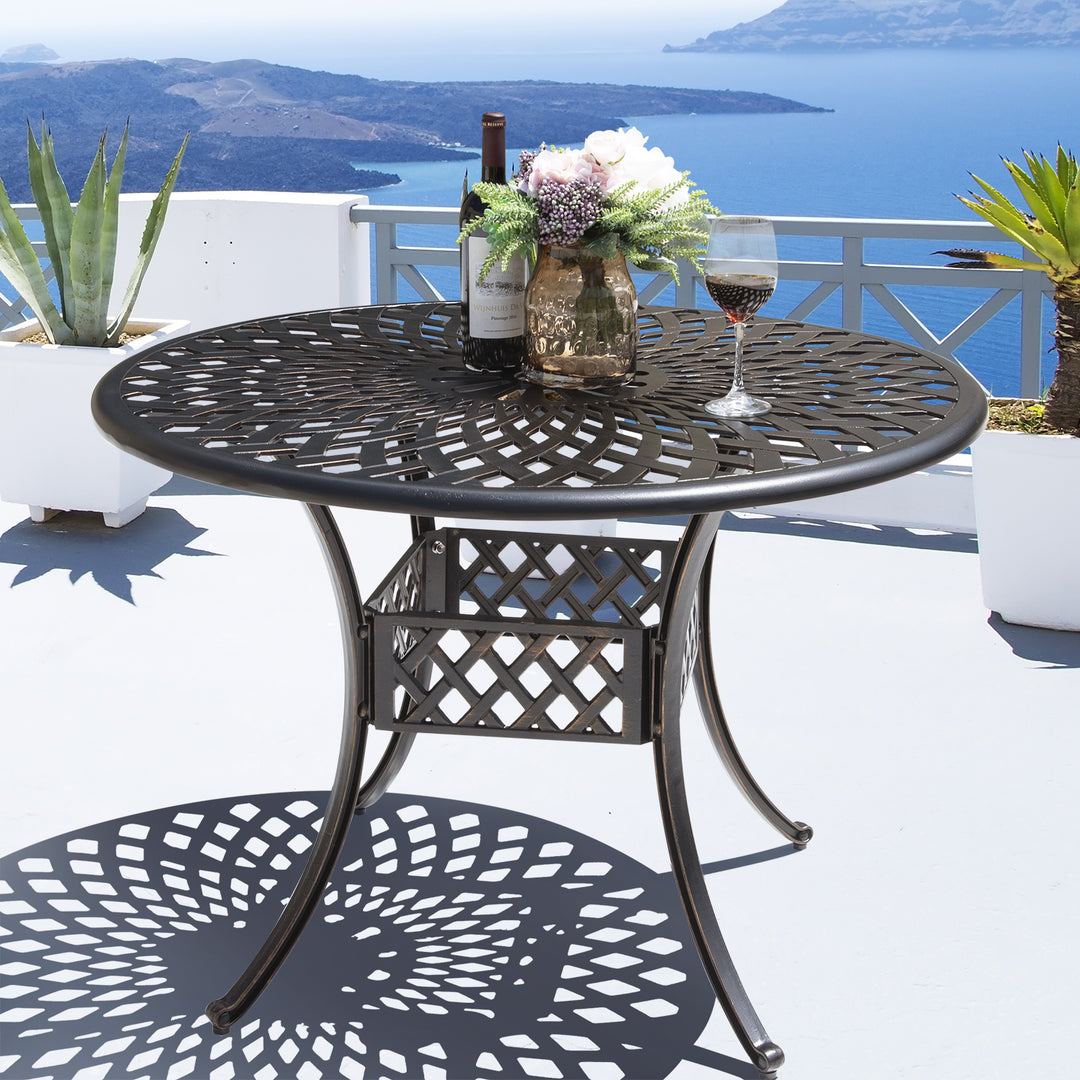 Outdoor 42'' Round Dining Table with 2.24'' Umbrella Hole, Cast Aluminum Tabletop, for Patio, Garden, Backyard and Balcony, Black with Gold-painted Edge