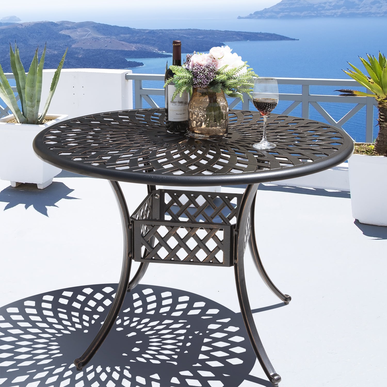 30in x 30in anodized aluminum patio table with umbrella hole Nuu Garden 42" Round Outdoor Table CT003A | black, aluminum, weather resistant & fit umbrella