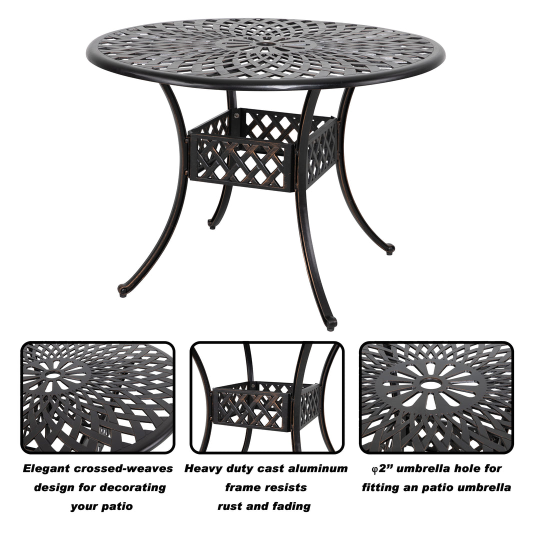 Outdoor 42'' Round Dining Table with 2.24'' Umbrella Hole, Cast Aluminum Tabletop, for Patio, Garden, Backyard and Balcony, Black with Gold-painted Edge