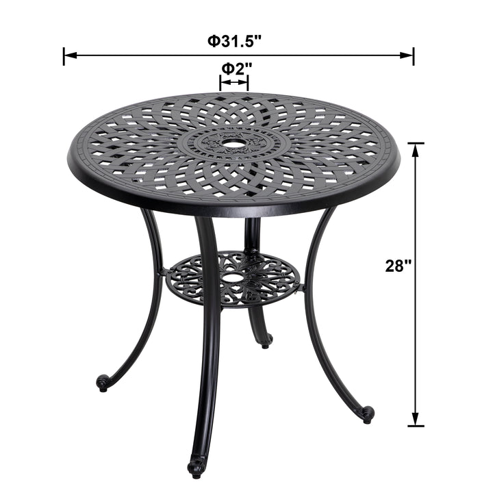 32 Inch Outdoor Dining Table with Umbrella Hole, Cast Aluminum Round Patio Bistro Table for Backyard, Garden, Patio, Porch