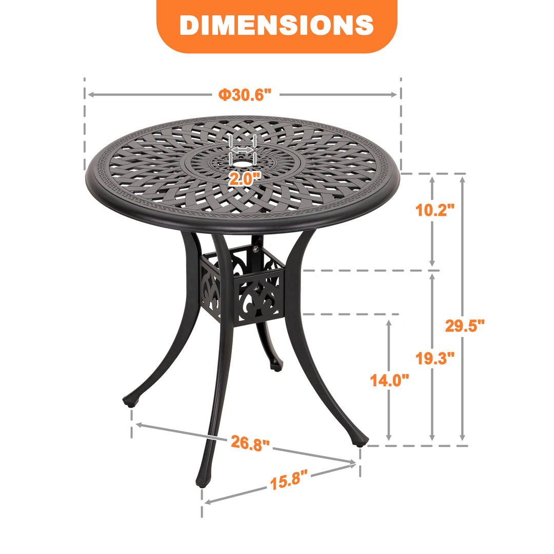 31 Inch Outdoor Dining Table with Umbrella Hole, Cast Aluminum Round Patio Bistro Table for Backyard, Garden, Patio, Porch