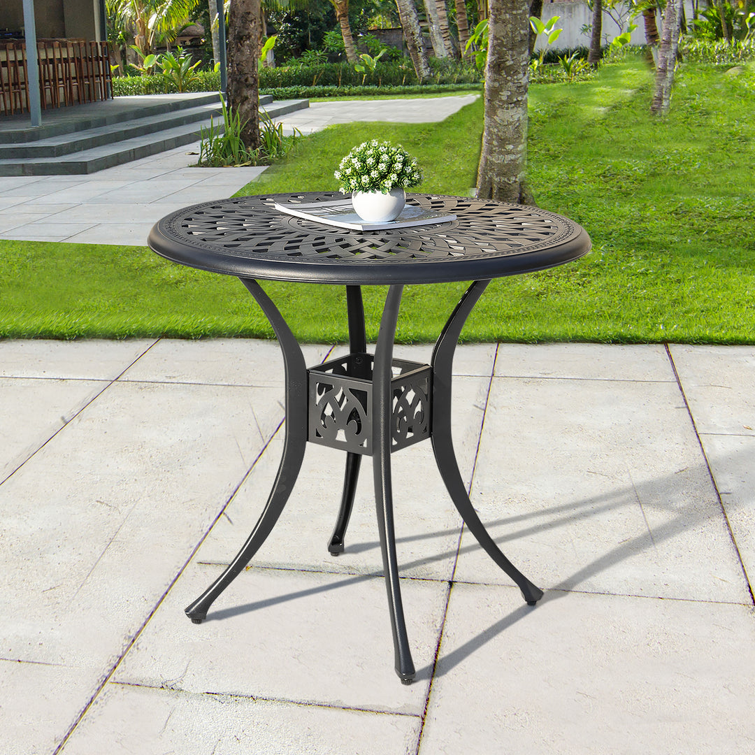 31 Inch Outdoor Dining Table with Umbrella Hole, Cast Aluminum Round Patio Bistro Table for Backyard, Garden, Patio, Porch