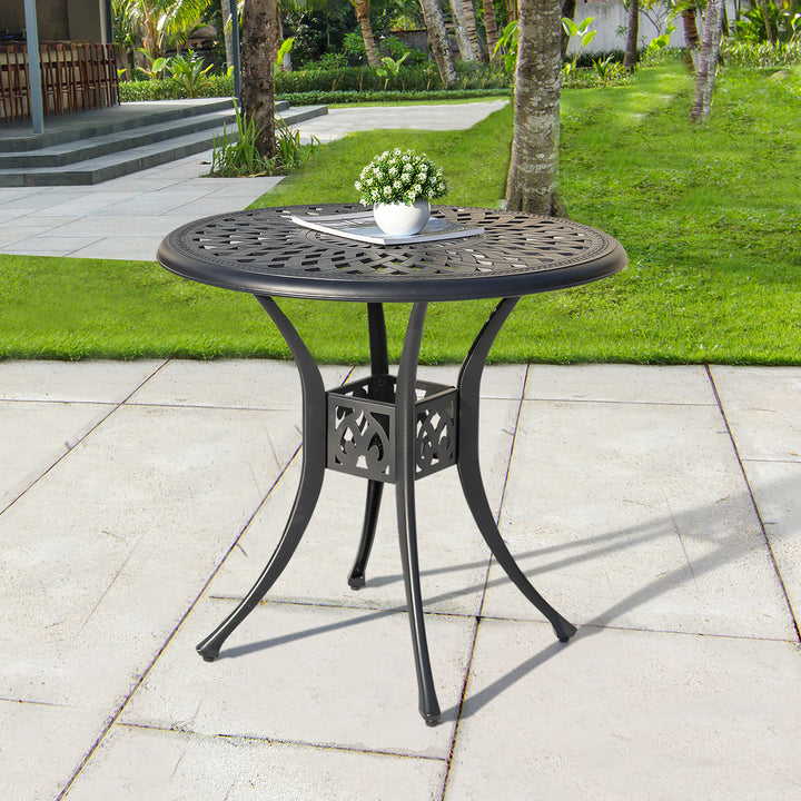 31 Inch Outdoor Dining Table with Umbrella Hole, Cast Aluminum Round Patio Bistro Table for Backyard, Garden, Patio, Porch