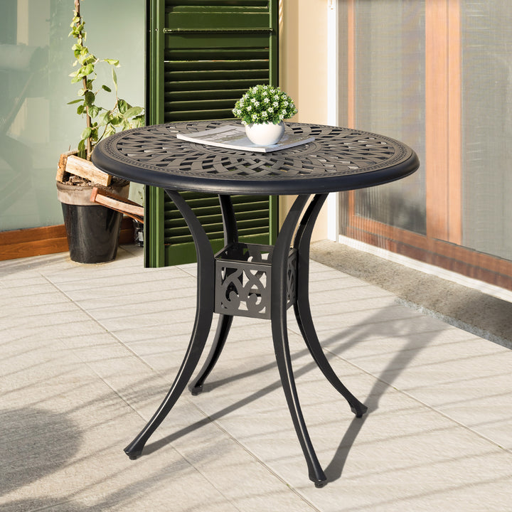 31 Inch Outdoor Dining Table with Umbrella Hole, Cast Aluminum Round Patio Bistro Table for Backyard, Garden, Patio, Porch