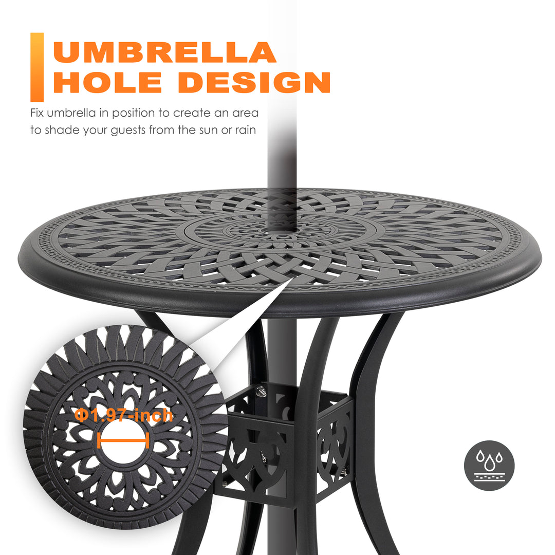 31 Inch Outdoor Dining Table with Umbrella Hole, Cast Aluminum Round Patio Bistro Table for Backyard, Garden, Patio, Porch
