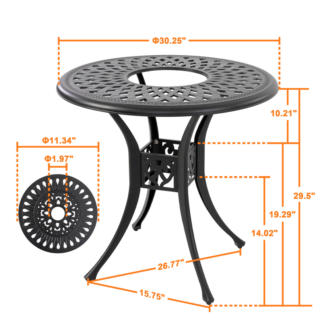 31 Inch Outdoor Dining Table with Umbrella Hole, Cast Aluminum Round Patio Bistro Table for Backyard, Garden, Patio, Porch