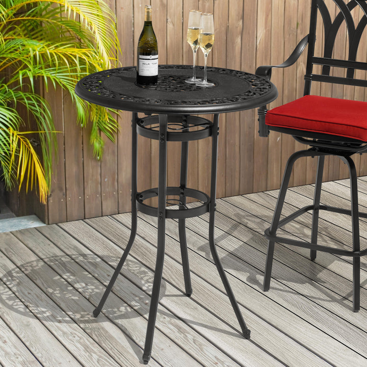 Cast Aluminum Patio Bar Table with Vintage Hollow Tabletop, Umbrella Hole