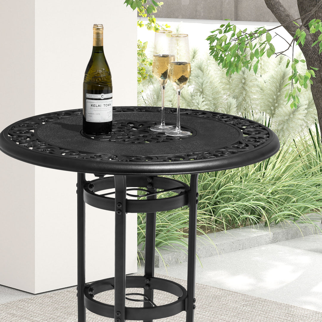 Cast Aluminum Patio Bar Table with Vintage Hollow Tabletop, Umbrella Hole