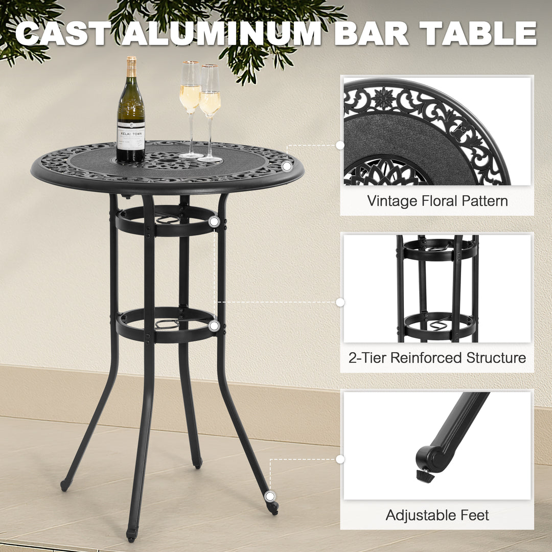 Cast Aluminum Patio Bar Table with Vintage Hollow Tabletop, Umbrella Hole