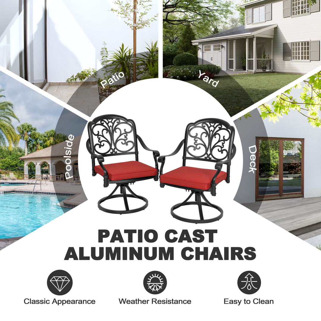 2-Piece Patio Dining Chairs with Cushions, Cast Aluminum Frame, Swivel Base