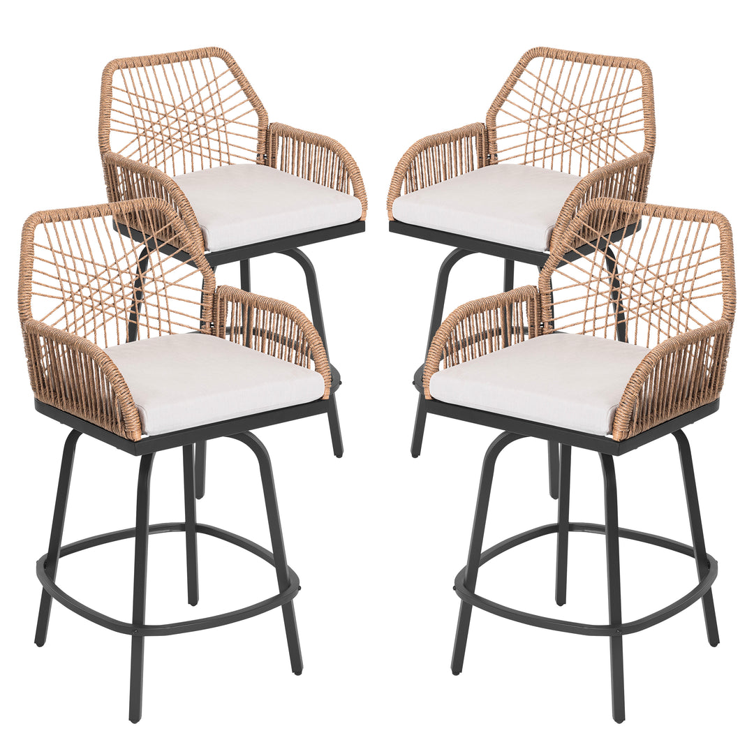 2-Piece Twisted Rattan Patio Bar Stools Set with Cushions, Swivel Design