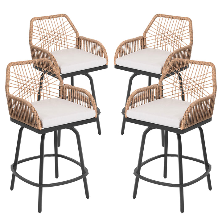 2-Piece Twisted Rattan Patio Bar Stools Set with Cushions, Swivel Design