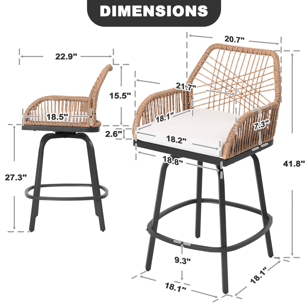 2-Piece Twisted Rattan Patio Bar Stools Set with Cushions, Swivel Design