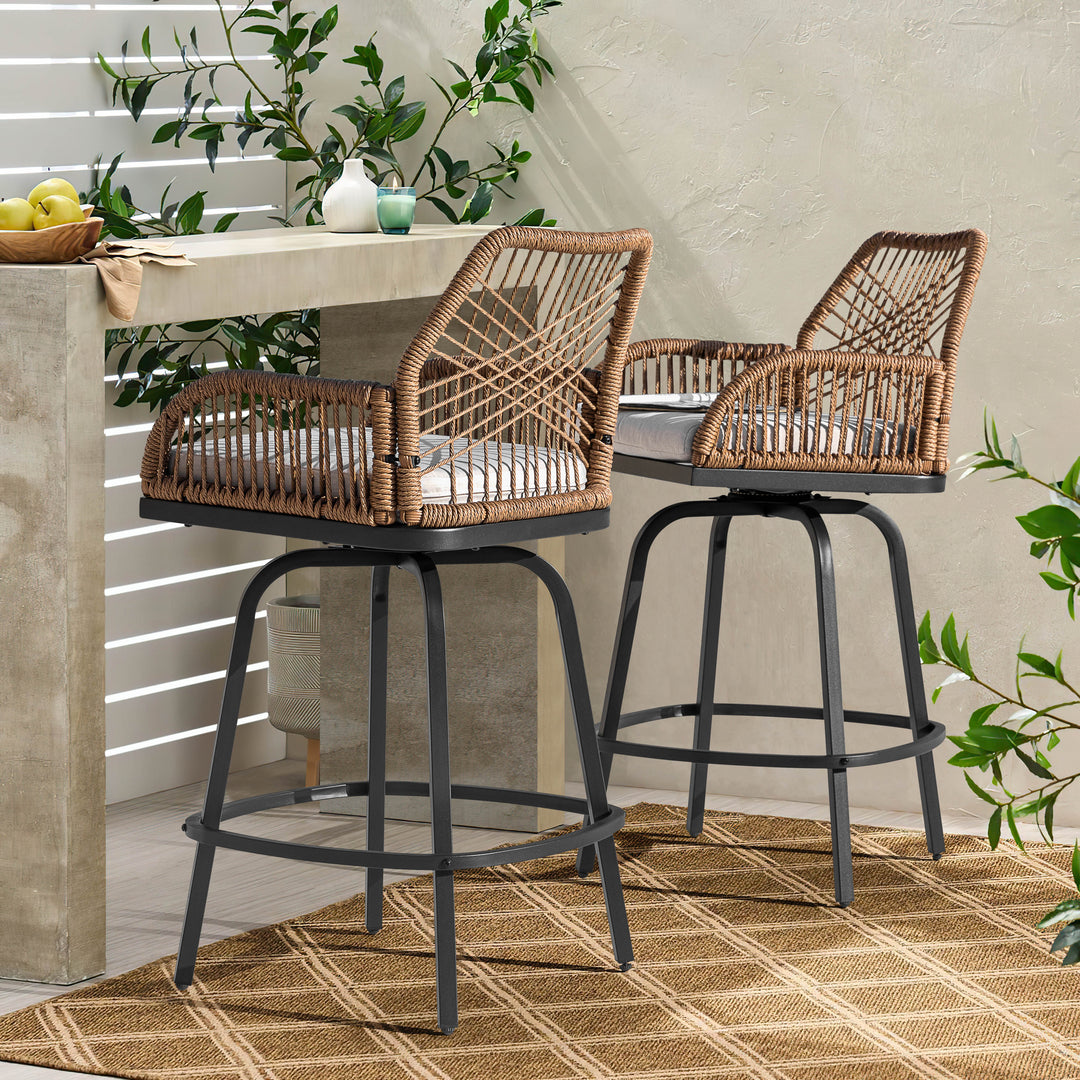 2-Piece Twisted Rattan Patio Bar Stools Set with Cushions, Swivel Design