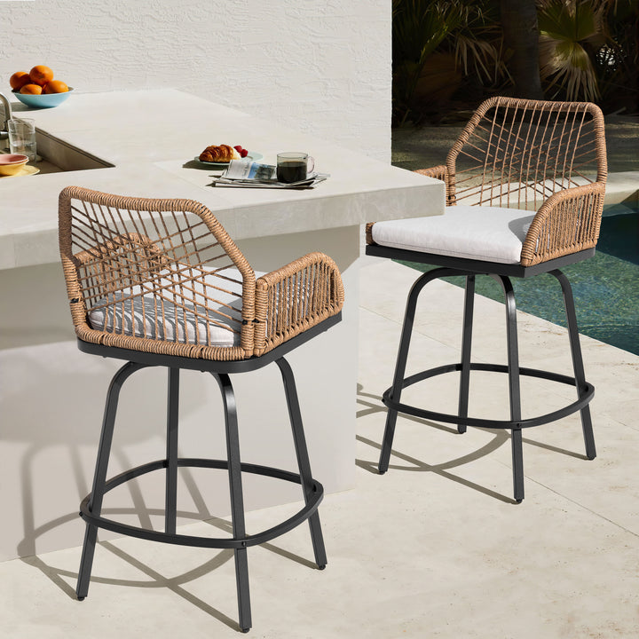 2-Piece Twisted Rattan Patio Bar Stools Set with Cushions, Swivel Design