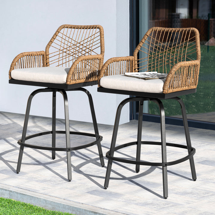 2-Piece Twisted Rattan Patio Bar Stools Set with Cushions, Swivel Design