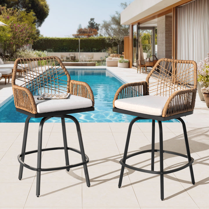 2-Piece Twisted Rattan Patio Bar Stools Set with Cushions, Swivel Design