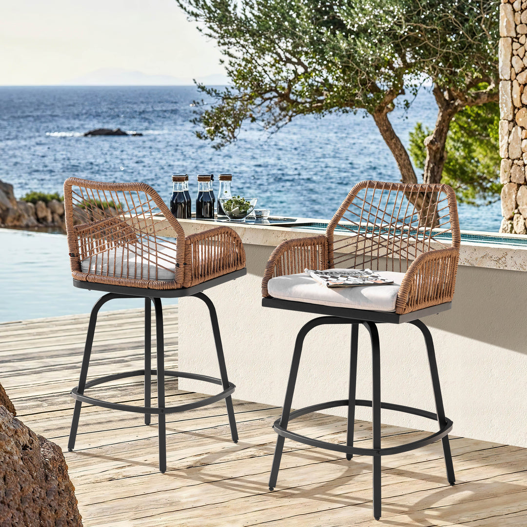 2-Piece Twisted Rattan Patio Bar Stools Set with Cushions, Swivel Design