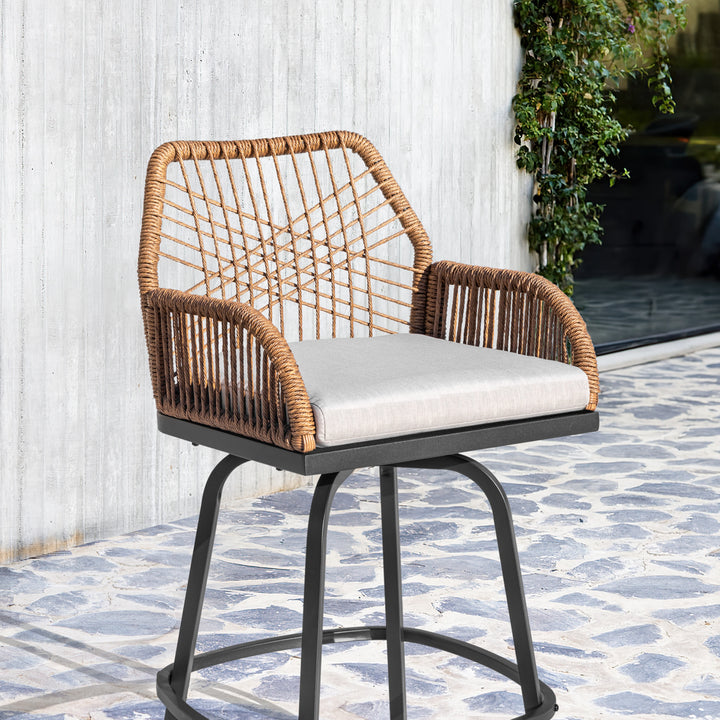 2-Piece Twisted Rattan Patio Bar Stools Set with Cushions, Swivel Design