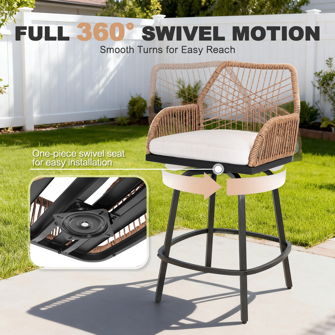 2-Piece Twisted Rattan Patio Bar Stools Set with Cushions, Swivel Design