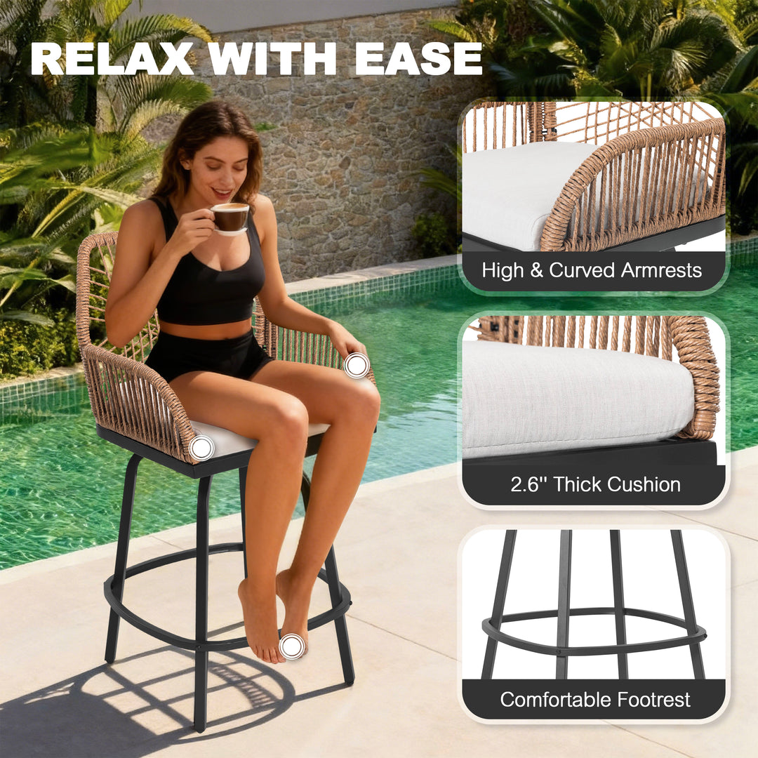 2-Piece Twisted Rattan Patio Bar Stools Set with Cushions, Swivel Design