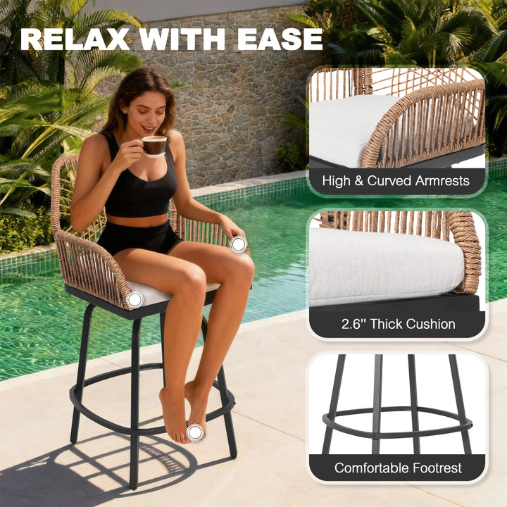 2-Piece Twisted Rattan Patio Bar Stools Set with Cushions, Swivel Design
