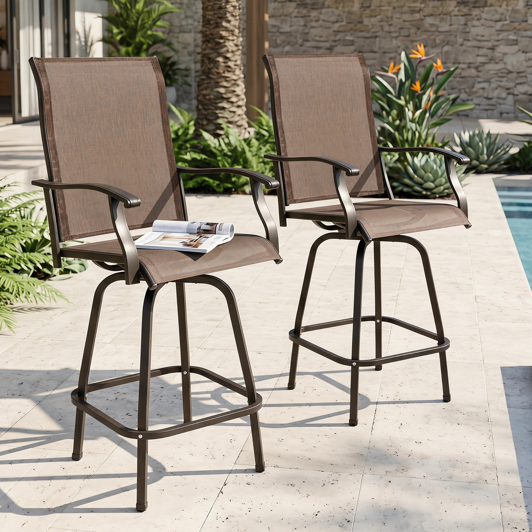 Outdoor Patio Swivel Bar Stools, All-Weather Textilene, Brown