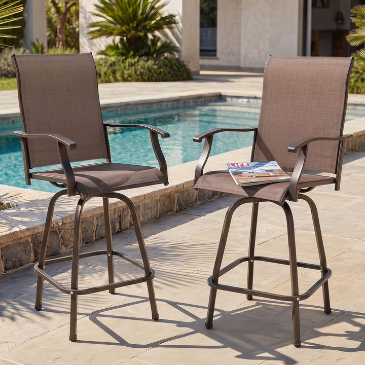 Outdoor Patio Swivel Bar Stools, All-Weather Textilene, Brown