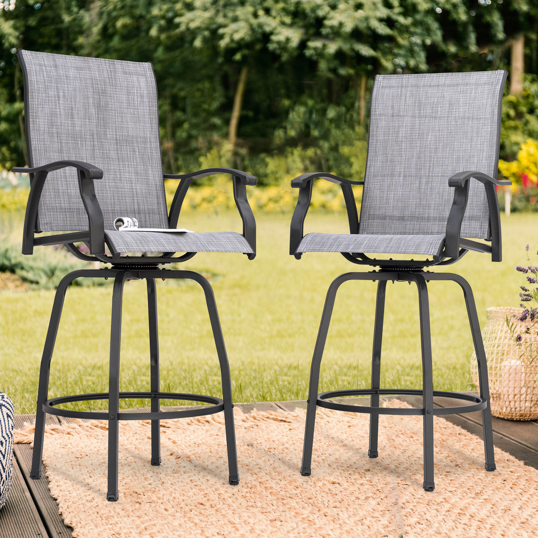 Patio 2-Piece Textilene Swivel Bar Stools with High Backrest, Gray