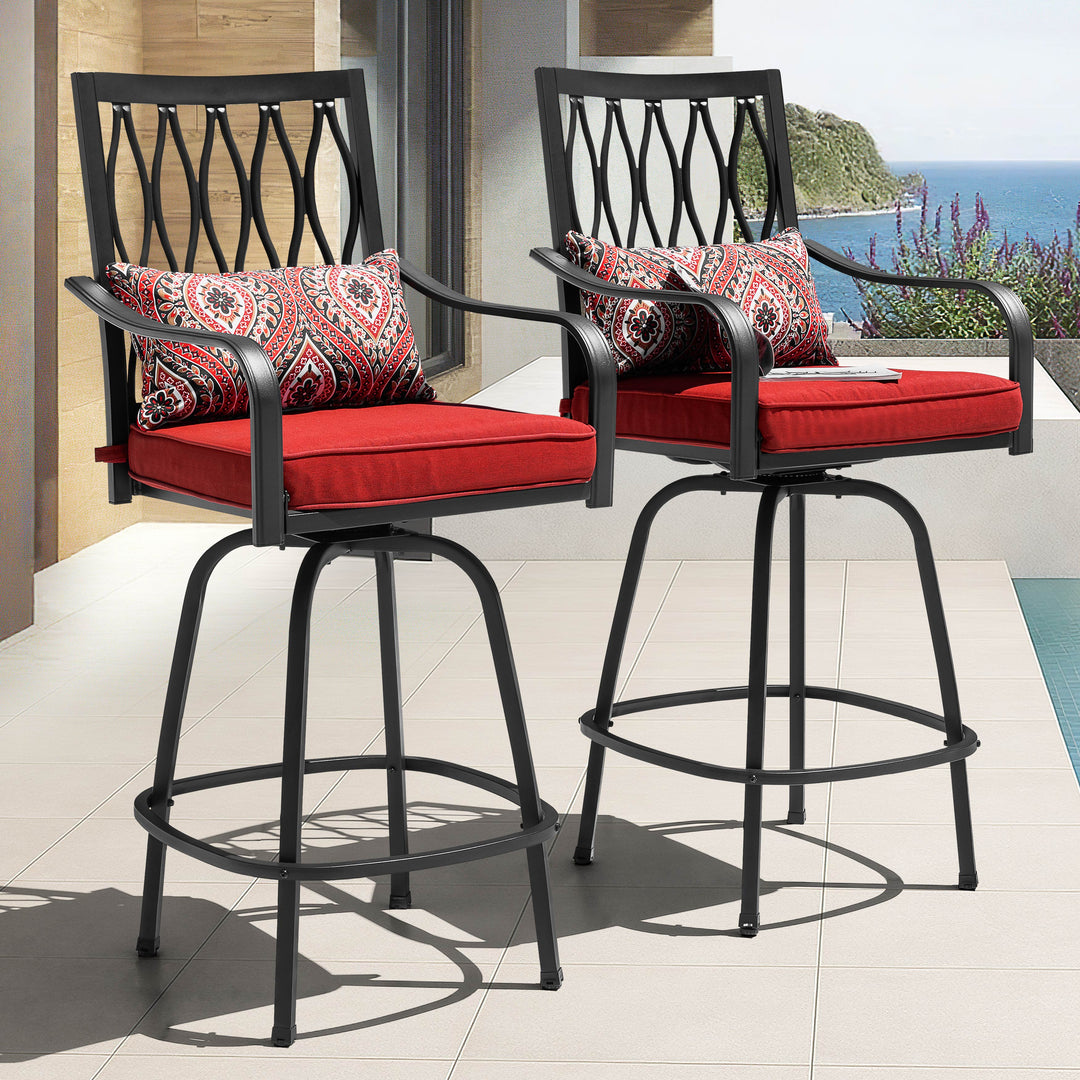 Patio 2-Piece Swivel Bar Stools with Red Cushions, Black