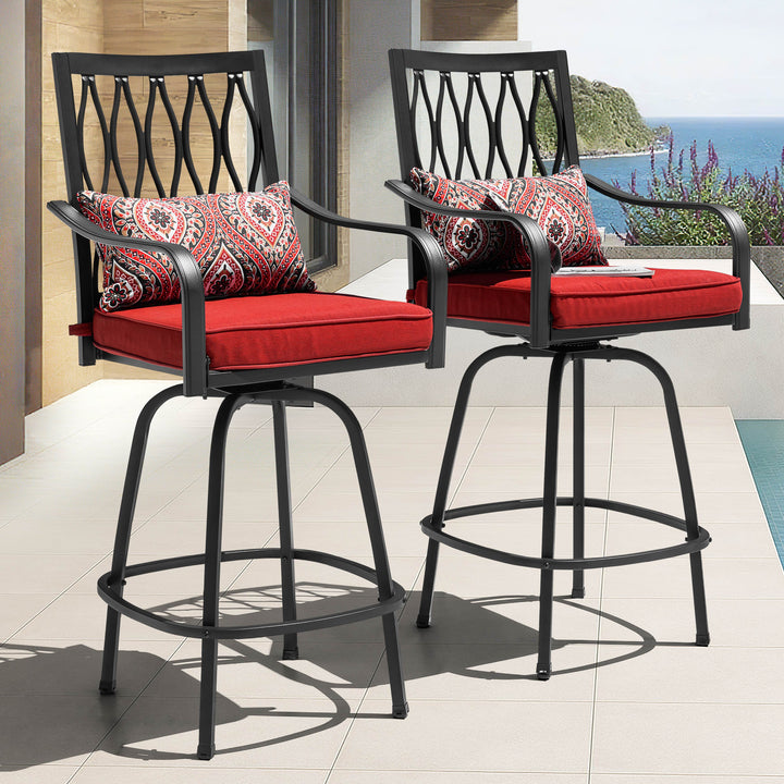 Patio 2-Piece Swivel Bar Stools with Red Cushions, Black