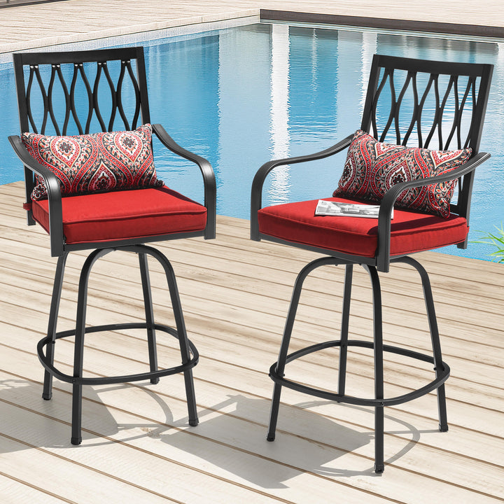 Patio 2-Piece Swivel Bar Stools with Red Cushions, Black