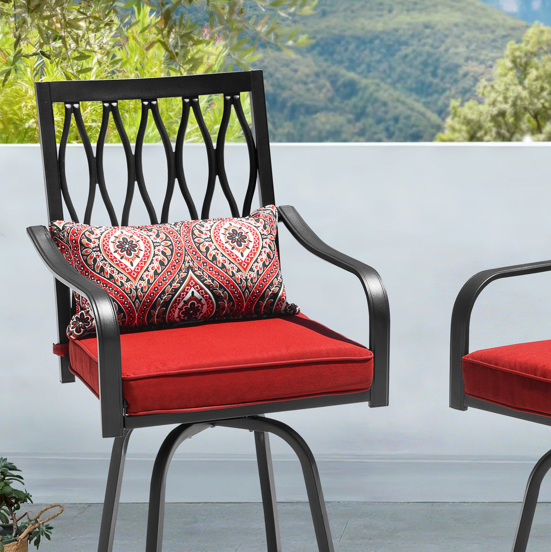 Patio 2-Piece Swivel Bar Stools with Red Cushions, Black