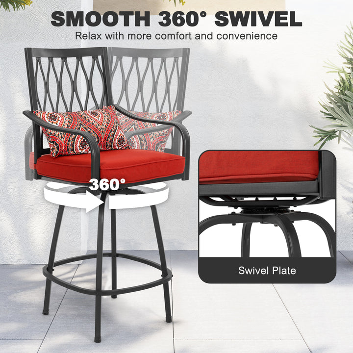 Patio 2-Piece Swivel Bar Stools with Red Cushions, Black