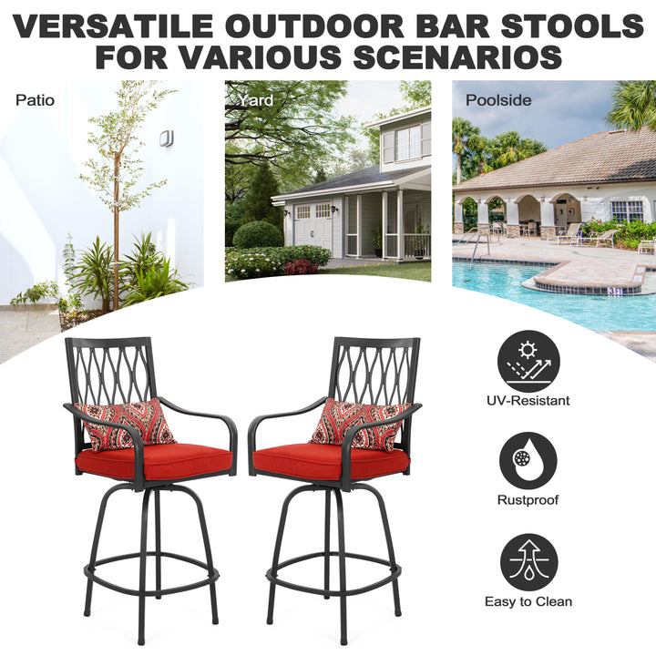 Patio 2-Piece Swivel Bar Stools with Red Cushions, Black