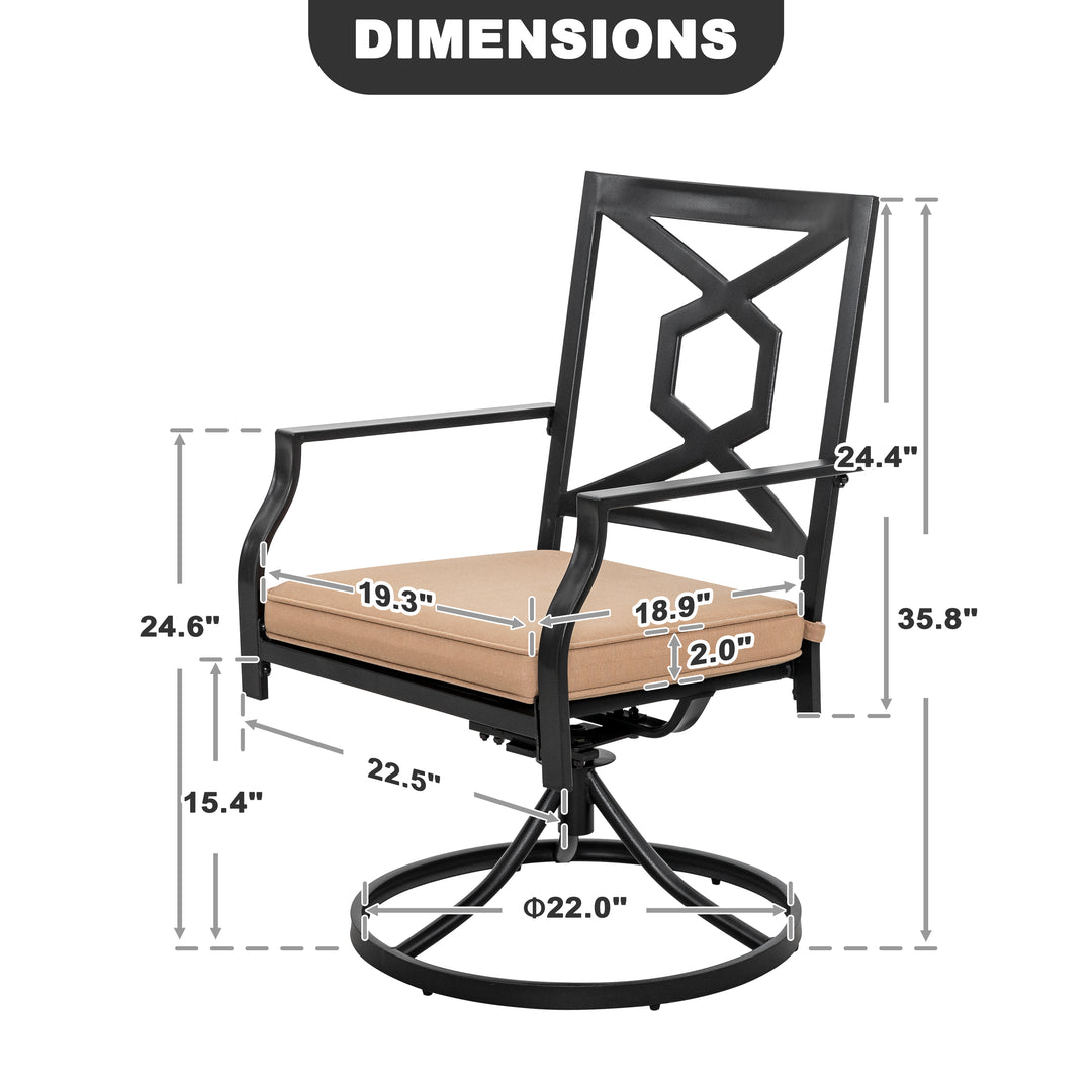 Patio Swivel Dining Chairs Set of 2 Metal Outdoor Chair with Cushions for Backyard and Garden, Black and Beige