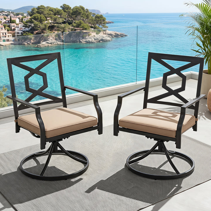 Patio Swivel Dining Chairs Set of 2 Metal Outdoor Chair with Cushions for Backyard and Garden, Black and Beige