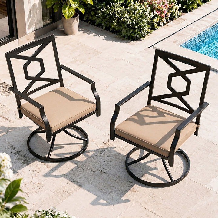 Patio Swivel Dining Chairs Set of 2 Metal Outdoor Chair with Cushions for Backyard and Garden, Black and Beige