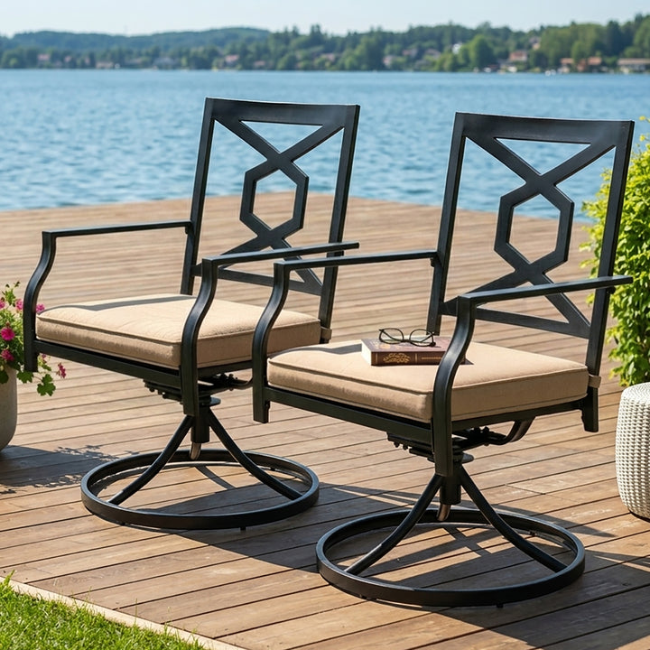 Patio Swivel Dining Chairs Set of 2 Metal Outdoor Chair with Cushions for Backyard and Garden, Black and Beige