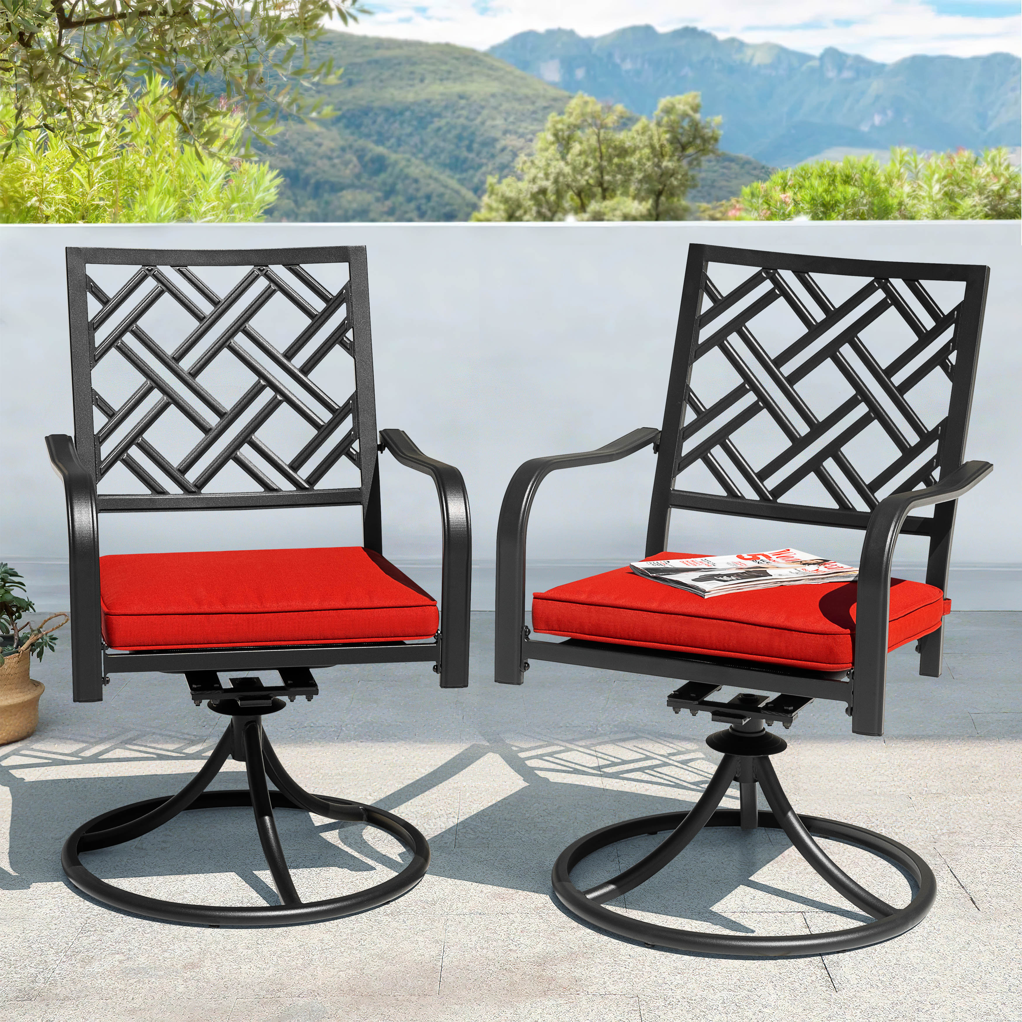 Outdoor 2-Piece Dining Chairs, 360-Degree Rotation and Red Cushions ...