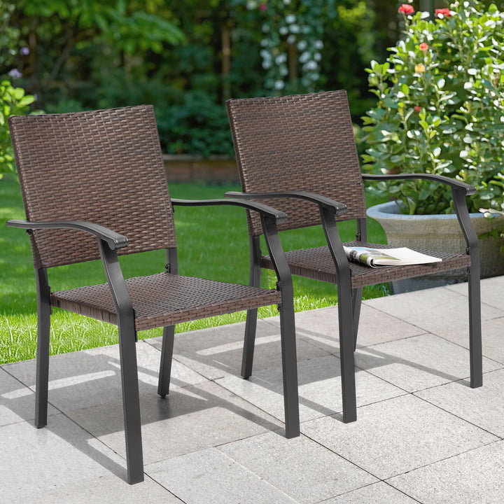 2 Piece Patio Chairs, Outdoor Patio Iron Dining Chairs, All-Weather Wicker Material, Black
