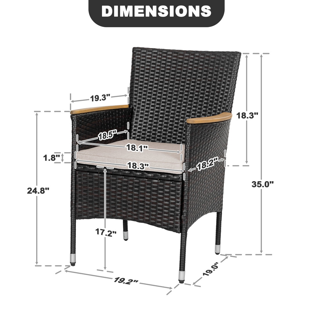 All Weather Wicker Patio Chairs Set of 2 with Cushions, Acacia Armrests